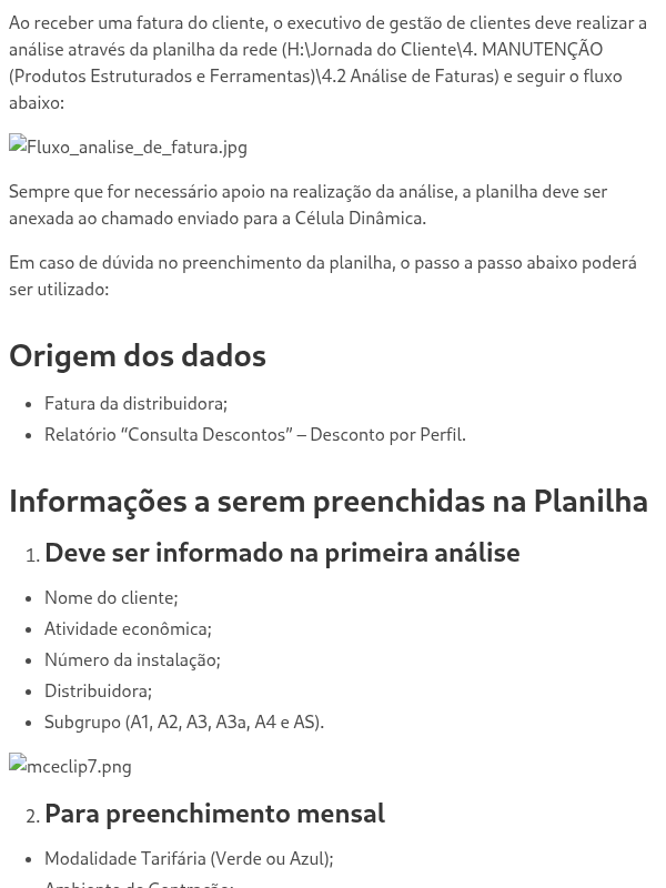 Instruções para preenchimento da Planilha de Análise de Fatura